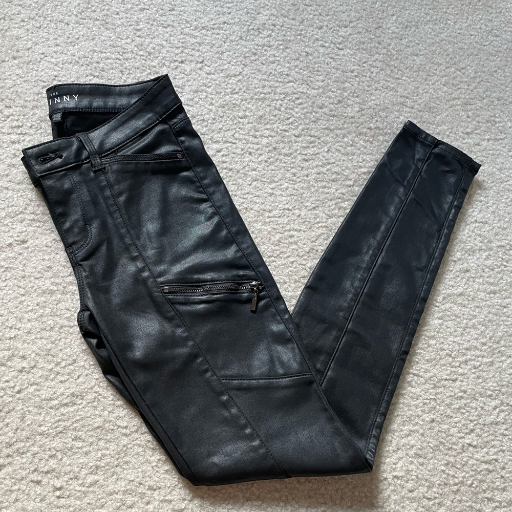 WHBM black leather jeans with zipper pockets